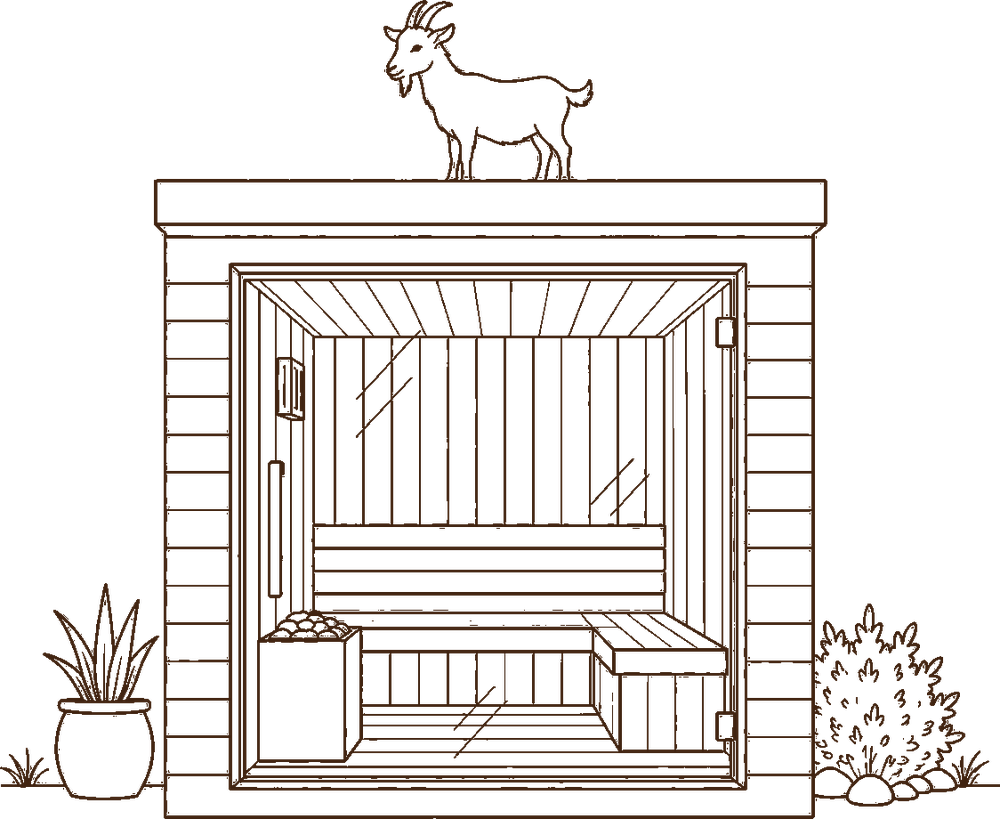 Line drawing of the sauna cabin with a goat standing on the roof.